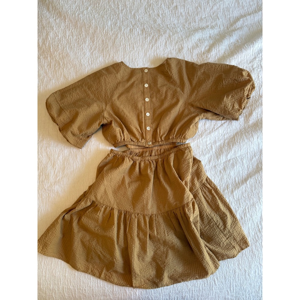 Madewell Seersucker Cutout Mini Dress Brown Puff Sleeve NF870 Women M